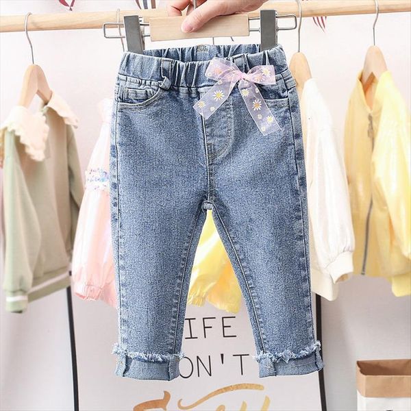 

baby girl casual pants cute bow belt jeans spring autumn summer kids denim long pant children trousers clothing, Blue