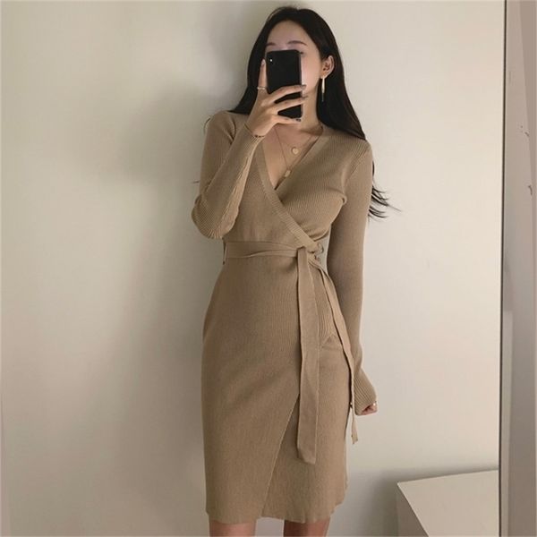 

croysier winter dresses for women elegant belted midi sweater v neck long sleeve ribbed knitted bodycon 211109, Black;gray