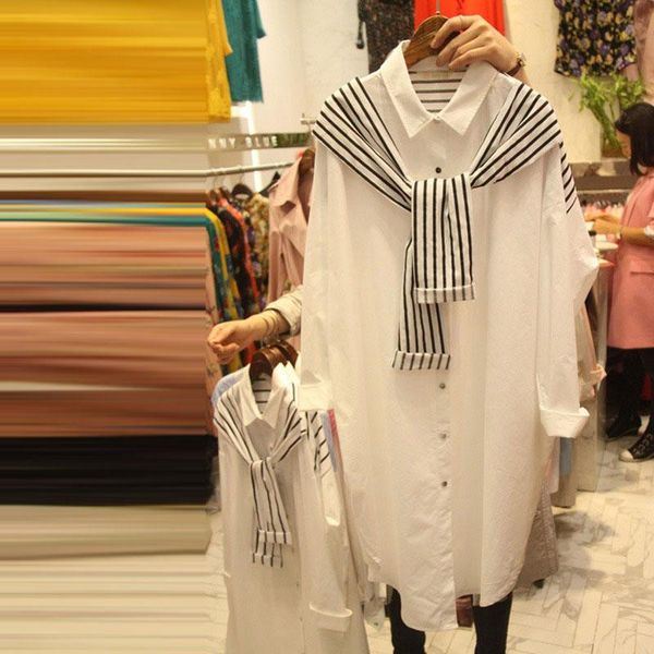 

spring autumn women's korean wild striped shawl blouse long-sleeved loose casual mid-length female gx250 blouses & shirts, White