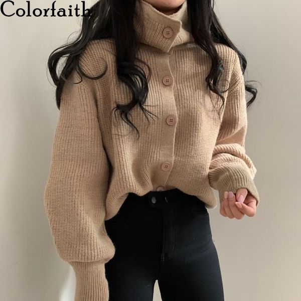 

colorfaith new autumn winter women's sweaters buttons short cardigans turtleneck knitted oversize korean lady swc1253 210413, White;black