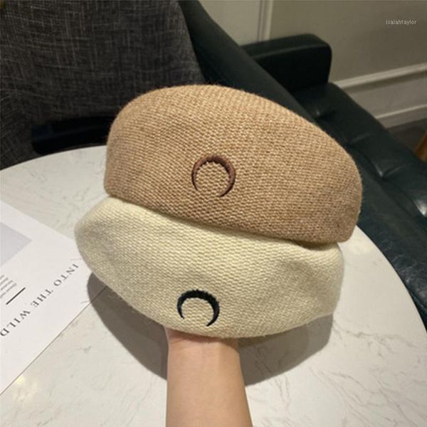 

berets simple moon embroidery beret women's autumn and winter all-match british retro peaked cap fashion warm painter hat beanie, Blue;gray