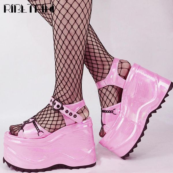 

sandals big size 43 open toe platform wedges heart metal chain punk gothic women's 2021 summer leisure casual round shoes, Black