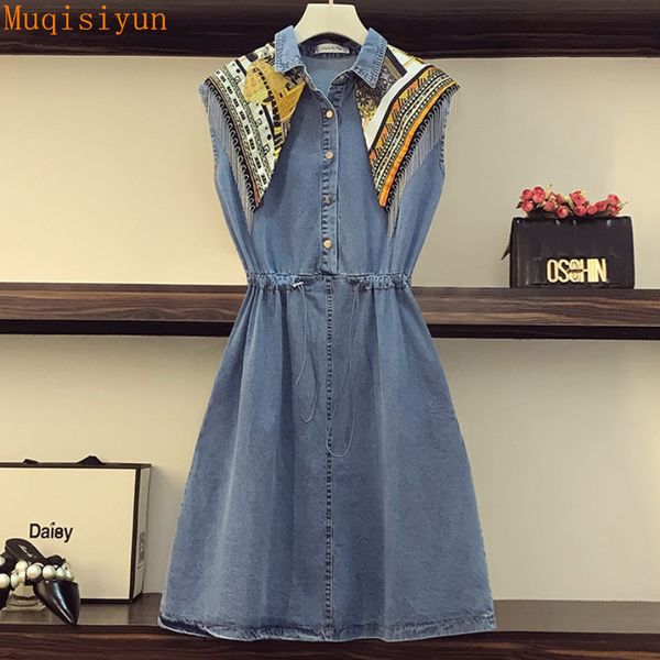 

denim dress for women summer turn-down collar sleeveless vintage style printing tassel patchwork drawstring dresses femme 210428, Black;gray