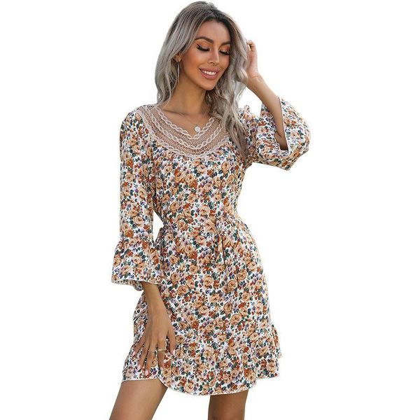 

casual dresses donsignet fashion women's dress summer v-neck pullover floral print lace stitching hollow trumpet sleeve short-sleeved, Black;gray