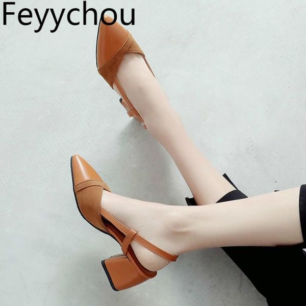 

women's sandals high heel patchwork pointed toe buckle thick 2021 fashion casual sweet black yellow big size 34-46