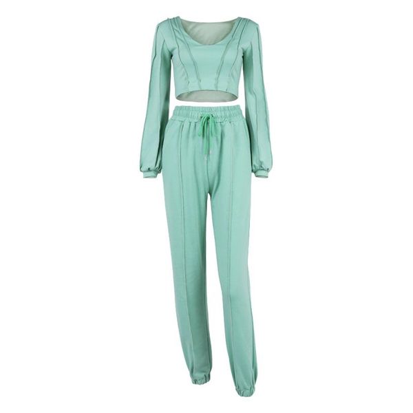 

women's two piece pants 2021 autumn and winter style navel cropped short v-neck long-sleeved sweatshirt sports trousers two-piece suit, White