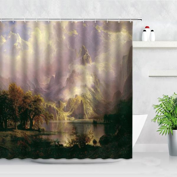 

retro landscape oil painting shower curtains plants trees natural scenery printed backdrop wall decor cloth bathroom curtain set