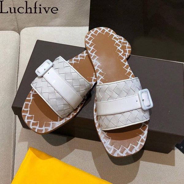

woman summer weave slippers shiny leather designer flat laze home mules casual beach shoes, Black