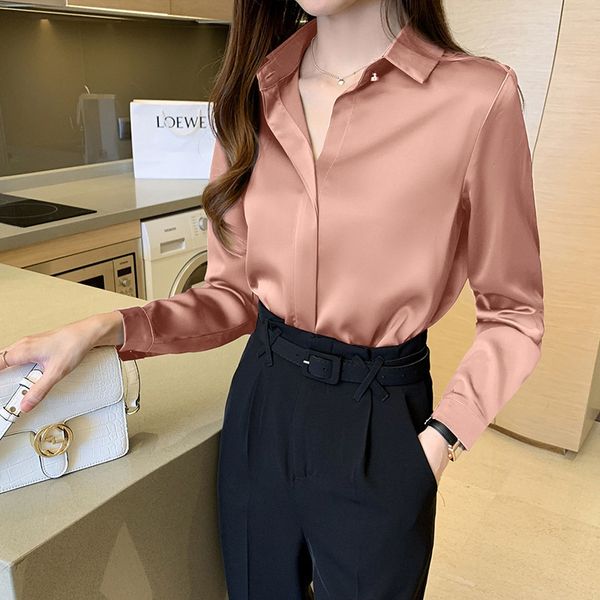 

women long sleeve shirts office lady satin silk blouse 2021, White