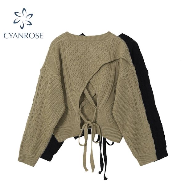 

lace up designer sweater women autumn winter long sleeve loose pullover casual female knitted ugly clothing 210430, White;black