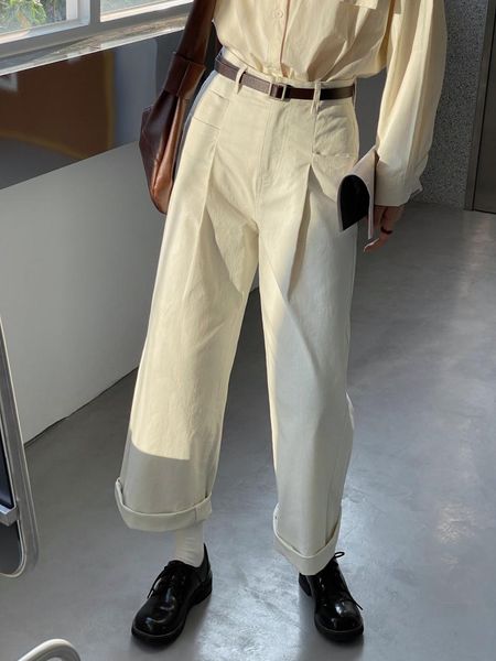 

women's pants & capris casual versatile apricot early autumn clothes in 2021 loose straight lazy wind wide leg, Black;white