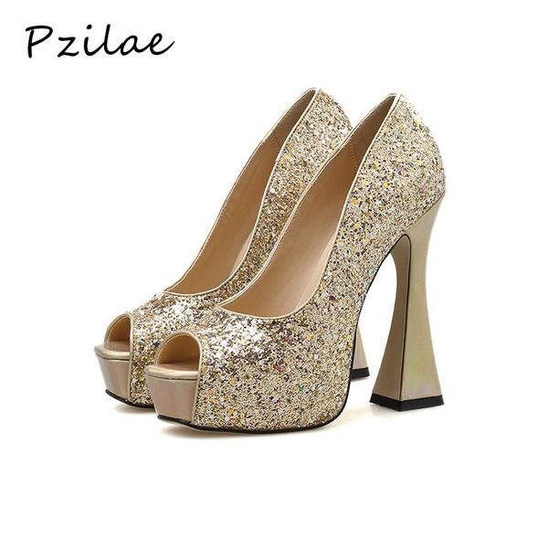 

dress shoes pzilae bling high heels pumps women wedding party peep toe slip on platform gold silver, Black