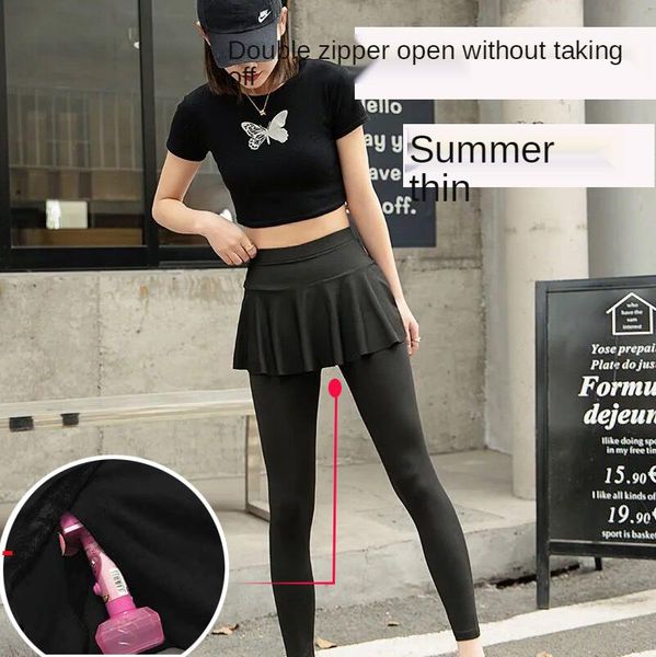 

women's leggings pure cotton pleated skirt fake two-piece invisible zipper open pants female outdoor hit the field wear, Black