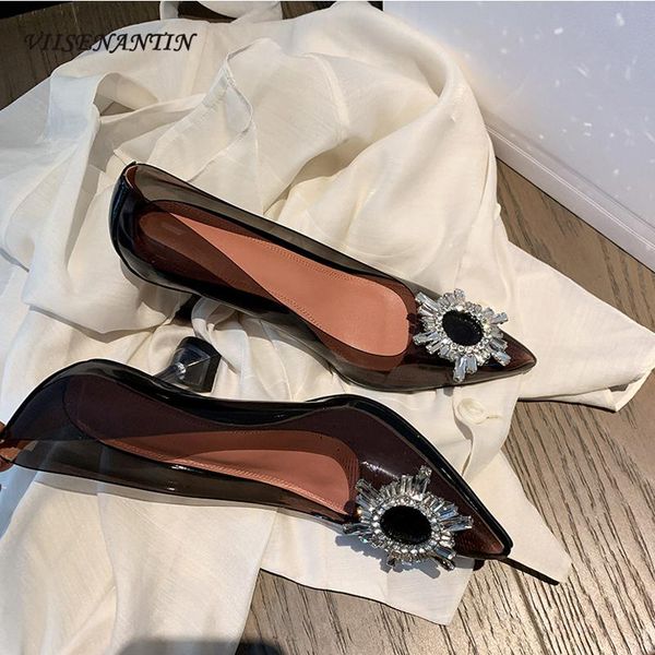 

spring and summer pointed transparent korean style sun flower rhinestone stiletto heel single shoes women's high heels dress, Black