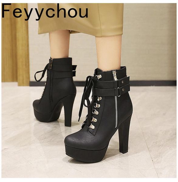 

boots women's autumn winter super high heel pu zip cross-tied round toe ankle modern platform 2021 fashion black