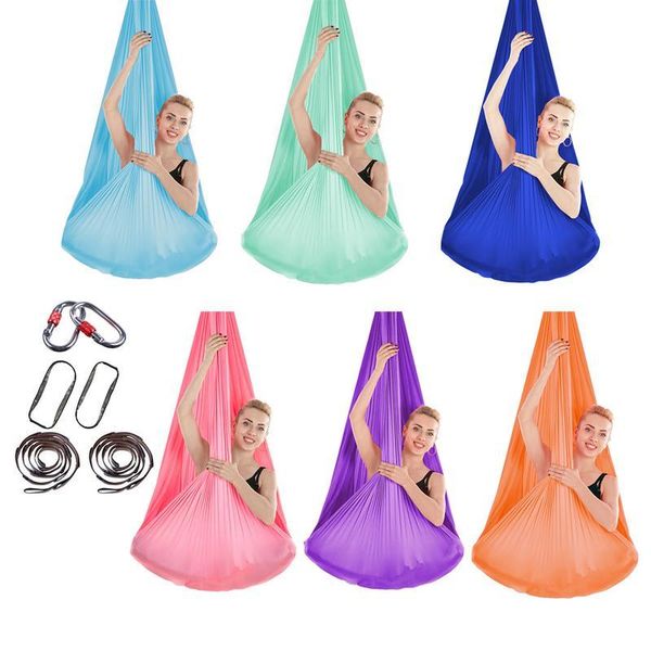 

stretchy aerial hammock with extended carabiner indoor silk anti - gravity yoga set elastic swing latest belts for training spor resistance