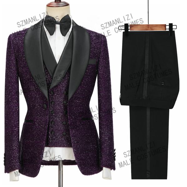 Ultimi disegni della mutanda del cappotto Moda nero lucido Abiti da uomo per lo sposo da sposa Smoking Slim Fit Terno Masculino Prom Party 3 Pezzi228S