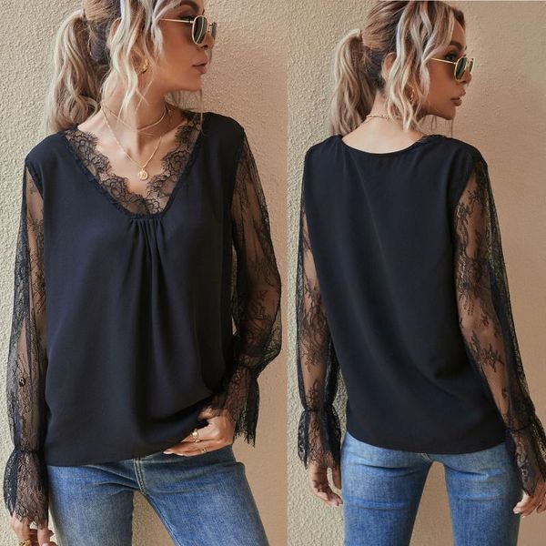 

women's blouses & shirts 2021 fashion women lace spring and summer adults see-through flare sleeve v-neck pullover black, White