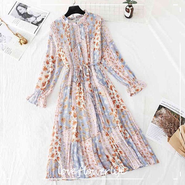 

long sleeve boho women dress floral print vintage chiffon dresses ruffles female summer pleated casual dress vestidos plus size 210521, Black;gray