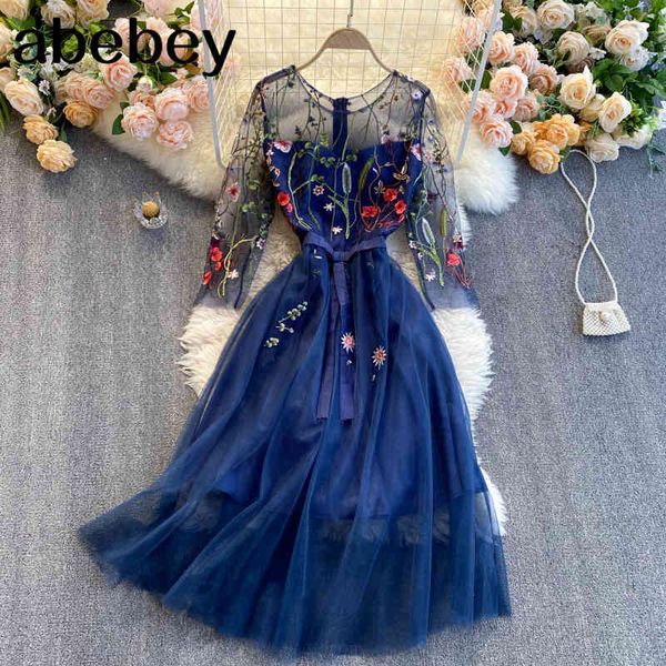 

design mesh embroidery dress women french elegant retro a-line party es spring streetwear midi 210512, Black;gray