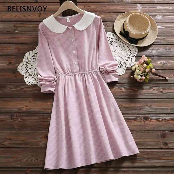 Giapponese Mori Girl Autunno Inverno Donna Cute Dress Peter Pan Collar Plaid Vita alta Vestido Manica lunga Kawaii Sweet 210520