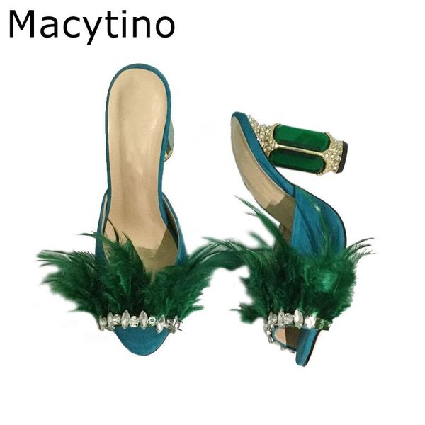 

slippers summer slipper woman feather thin high heels fur crystal chunky peep toe mules lady pumps slides shoes big size 43, Black