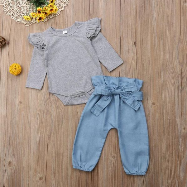 

clothing sets girl clothes suit born baby romper bowknot denim pants 3pcs autumn outfits, White