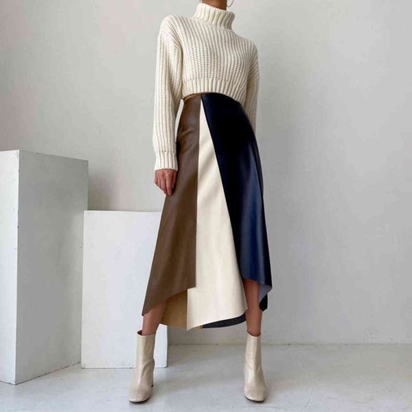 

autumn winter fashion womens two piece sets pullover turtleneck sweater high waist color contrast skirt casual suit 211119, White