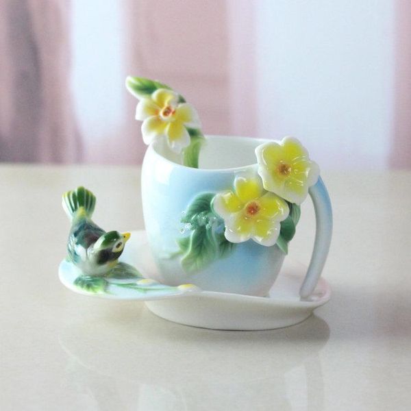 

cups & saucers 3d bone china ceramic drinkware flower birds coffee with spoon milk breakfast cup saucer lovers gift