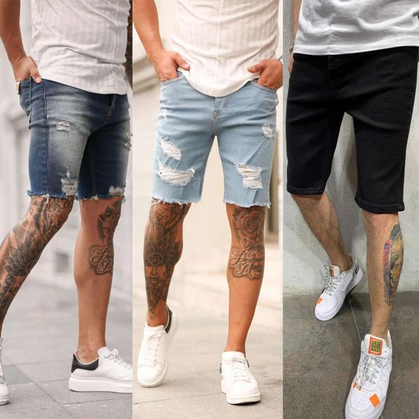 

good quality 2021 men's perforated denim shorts new men's pants, Blue