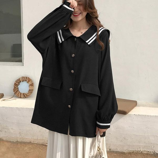 

women's blouses & shirts lanmrem 2021 spring and summer full sleeves contrast colors single breasted loose big size shirt female blouse, White