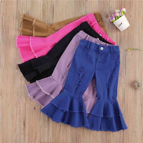 

children girls jeans toddler baby kids children girls clothes bell bottom hole ripped ruffles flare denim jeans pants trousers 210317, Blue