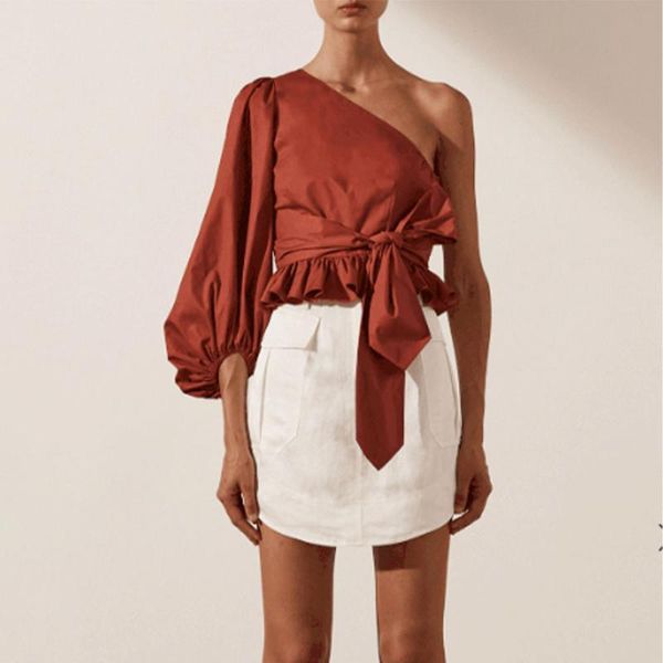 

women's blouses & shirts women 2021 summer fashion cotton asymmetric one shoulder waist belt side zipper female blusas chic, White