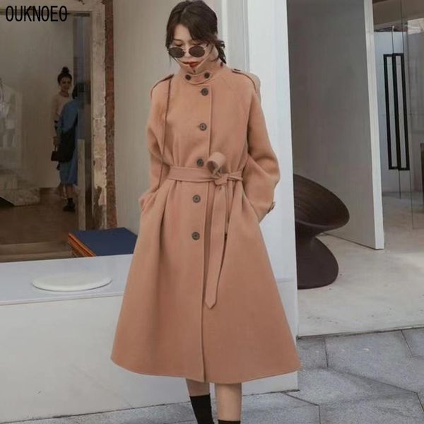 

women's trench coats winter women coat korean preppy style retro belt high collar keep warm woolen oversize windbreaker 2021 woman long, Tan;black