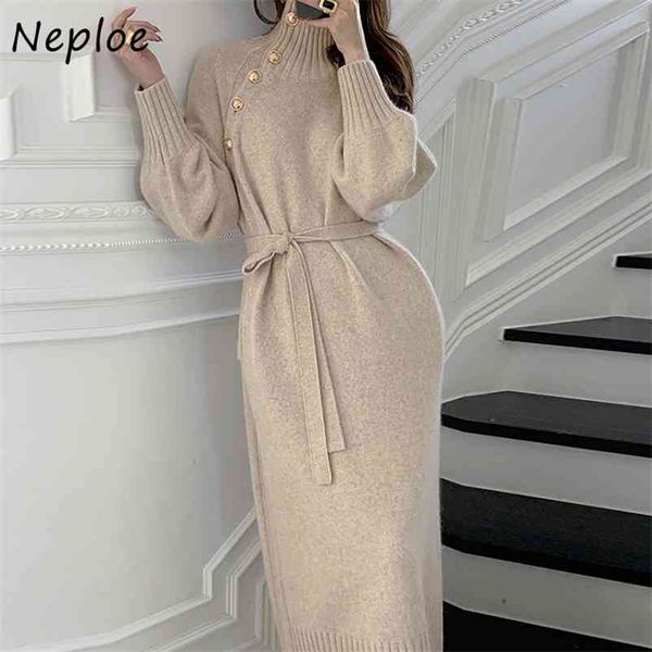 

vintage turtleneck chic button sweater dress autumn drawstring slim waist vestidos solid color knitted women dresses 210422, Black;gray