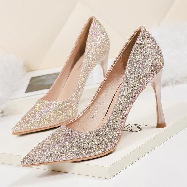

dress shoes women pumps sequined cloth slip on 9.5cm thin heels high pointed toe rhinestones bling shallow size 35-42, Black