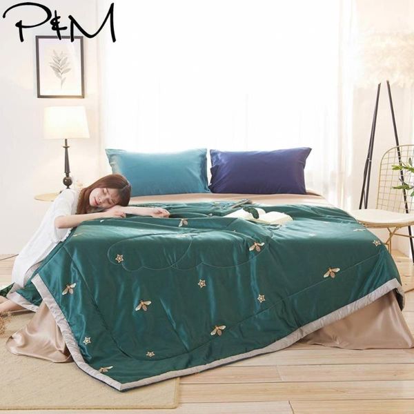 

comforters & sets 50 dark green bees stars quilt satin polyester fabric silk feeling quilted comforter summer blanket twin queen size
