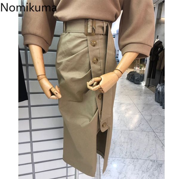 

nomikuma fashion single breasted split skirts elegant women korean belt high waist split skirt new faldas mujer 6d784 210427, Black