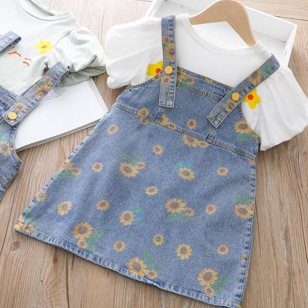 

summer girls set t-shirt and denim dress clothing sets, White