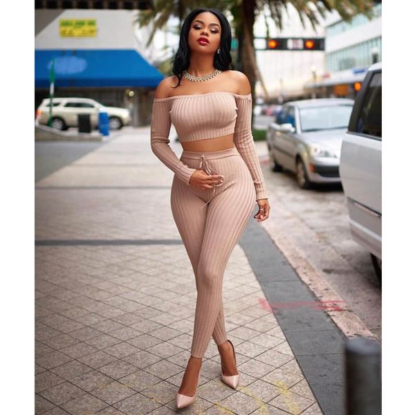 

2 pieces set khaki long sleeve slash neck bandage celebrity party bodycon women's tracksuits, Gray