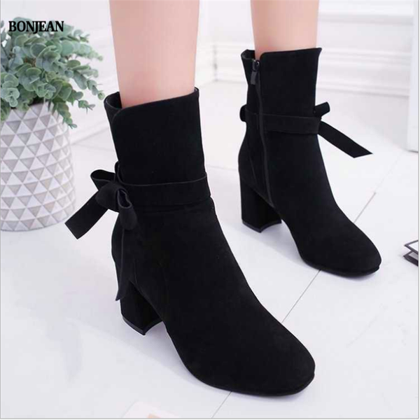 

boots 2021 bow tie elegant ankle for women fashion casual platform high heels round toe zipper footwear shoes bottes femme, Black