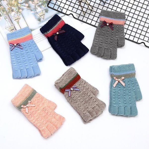

five fingers gloves winter women' half finger casual office faux cashmere warm open fashion bow decorative, Blue;gray