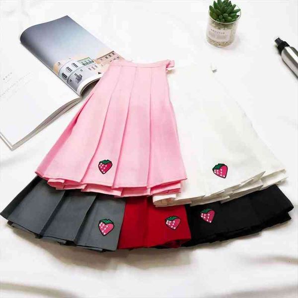 

xs- five colors summer a-line women skirt high waist strawberry embroidery pleated skirt women safety pants mini, Black