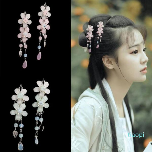 

1 pair chinese hair accessories vintage floral tassel dangling hairpin clip, Golden;silver