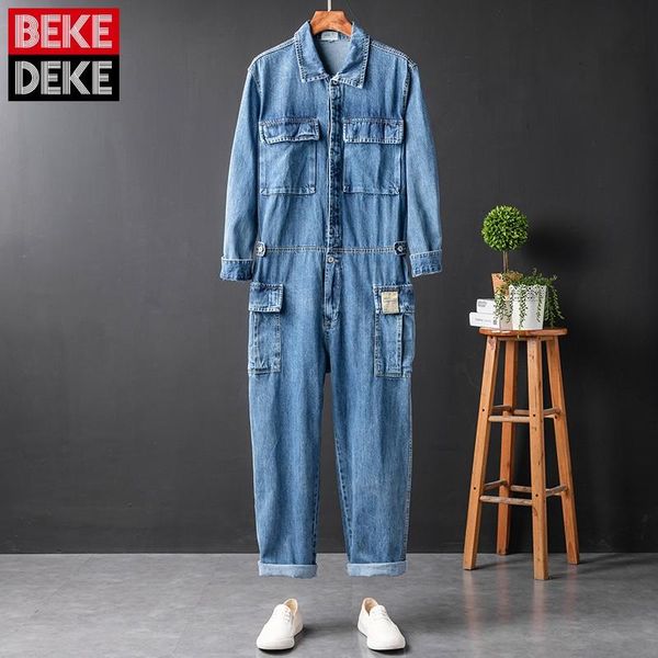 

men's jeans spring autumn retro biker cargo jumpsuit men denim jacket set straight hip hop pants japan style single breasted overalls, Blue