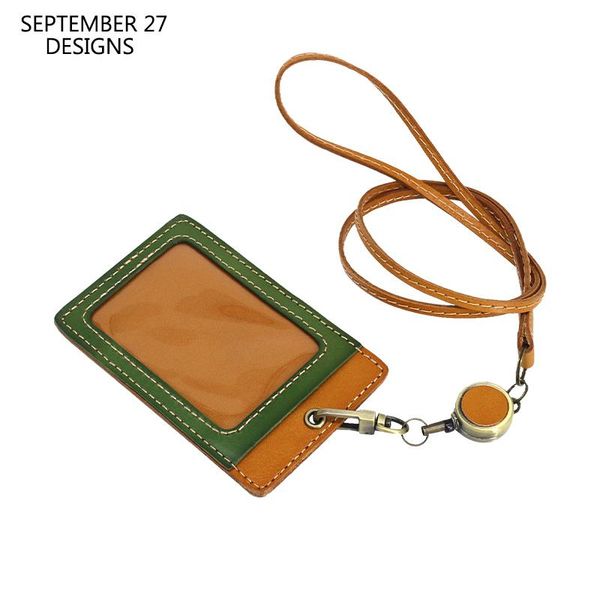 

card holders fashion id badge holder for office work real cowhide leather lanyard elastic easy pull buckle bus case neck wallet, Brown;gray
