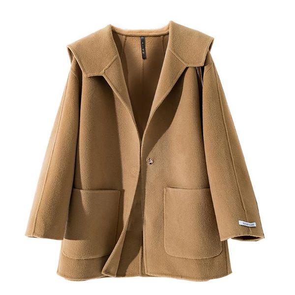 

women's wool & blends elegant with big pocket one button coat women office lady turndown collar long sleeve loose autumn winter camel j, Black