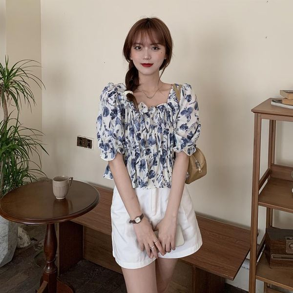 

women's blouses & shirts short-sleeved shirt female summer design sense niche floral waist square collar was thin short puff sleeve blo, White