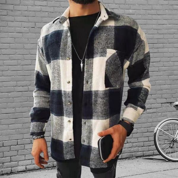 

men's casual shirts european and american plaid shirt retro style jacket 2021 spring autumn long-sleeved lapel fashion plus size, White;black