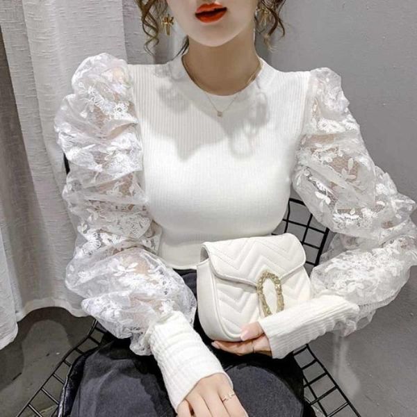 

women's sweaters see-through lace patchwork knit shirt elegant women ribbed knitted slim blouse crop autumn puff long sleeve blusa, White;black